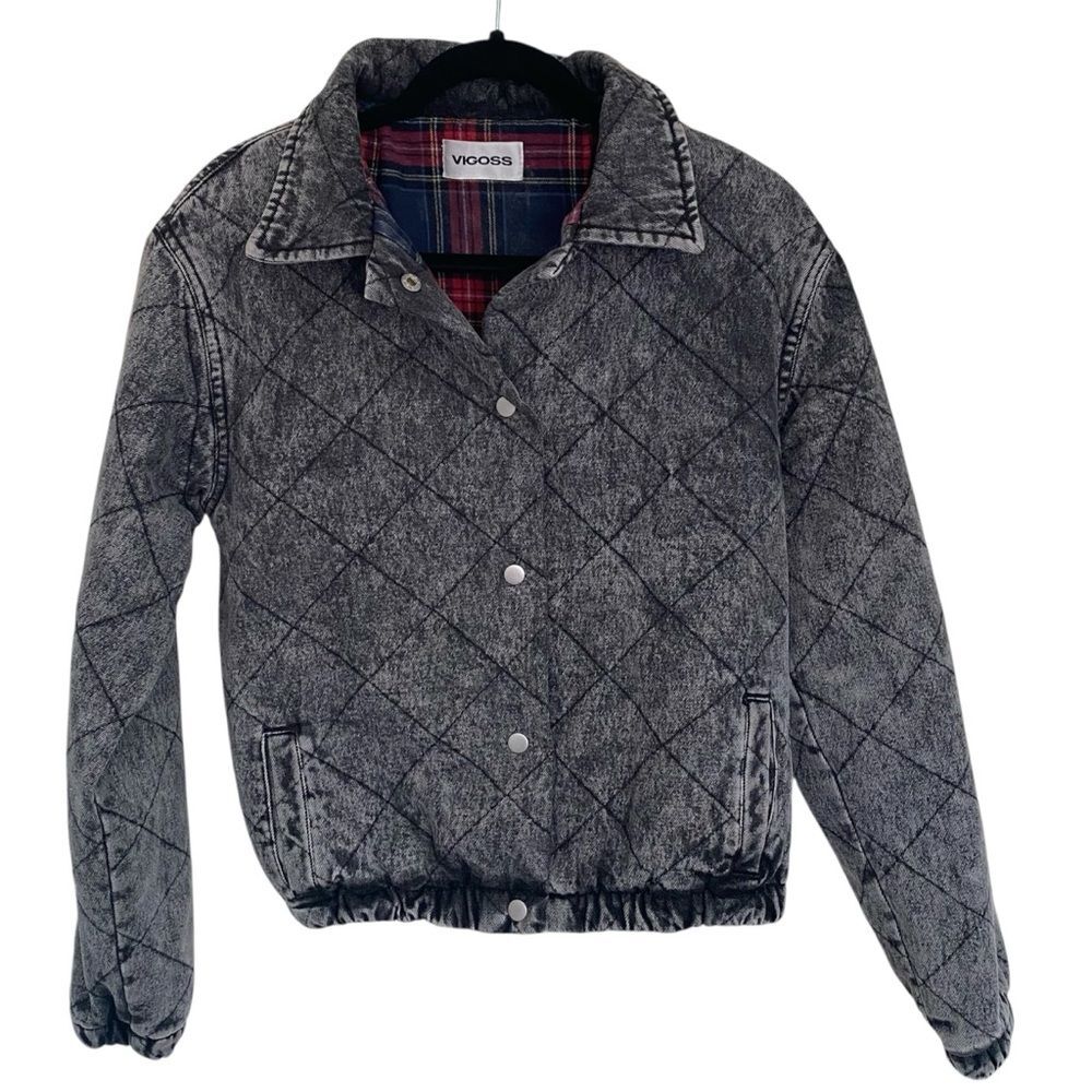 Vigoss Cropped Black Denim Bomber Jacket Flannel Lined 90s Grunge Women’s Small